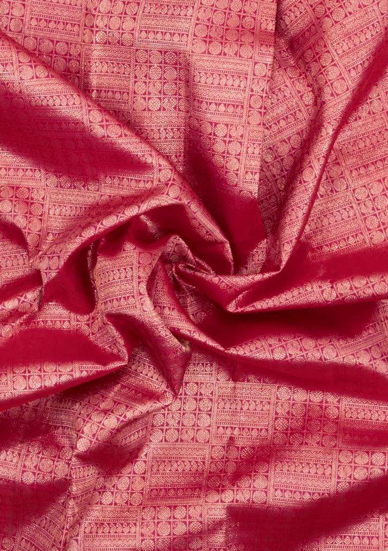 Pink Handloom Kanchipuram Bridal Silk Saree With Zari Motifs With Buttas And Brocade Design For Women - Indya