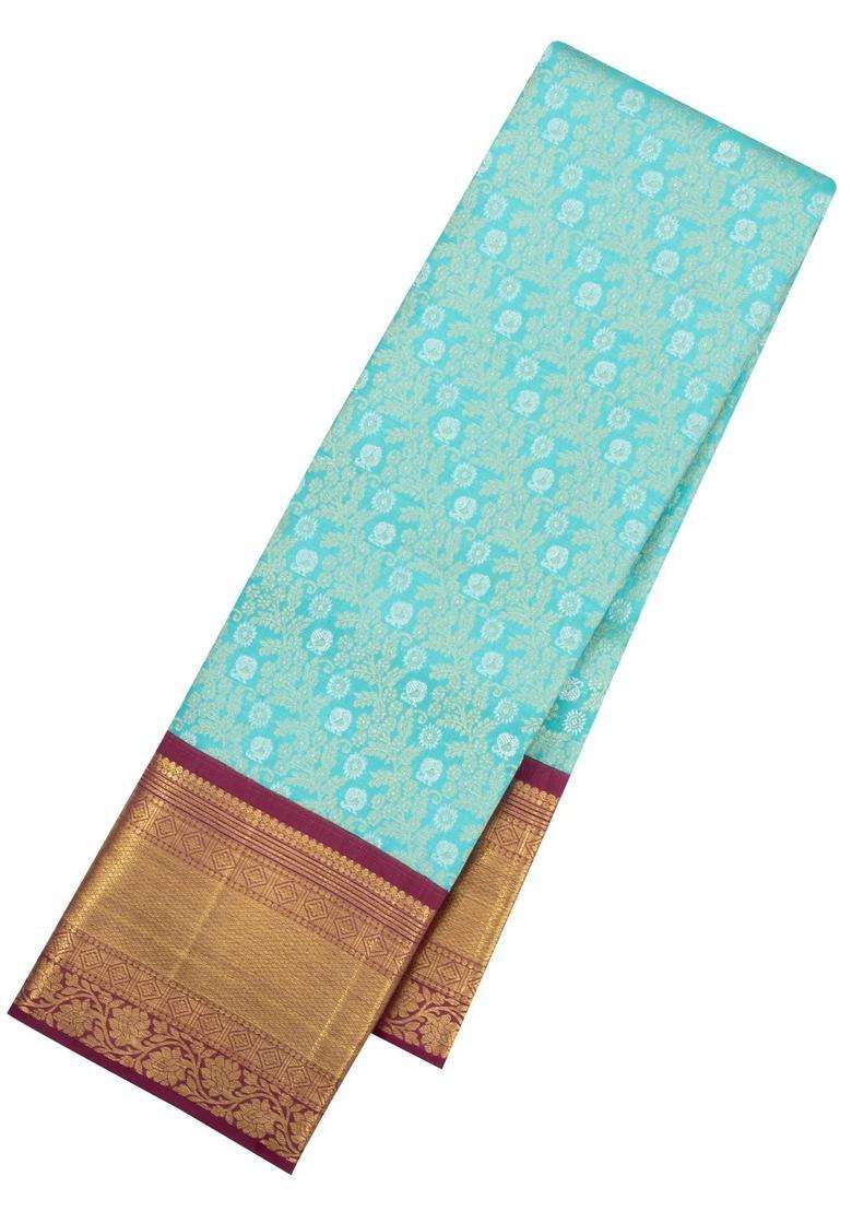 Turquoise Handloom Korvai Kanchipuram Bridal Silk Saree With Zari Motifs With Korvai And Temple Border Design For Women - Indya