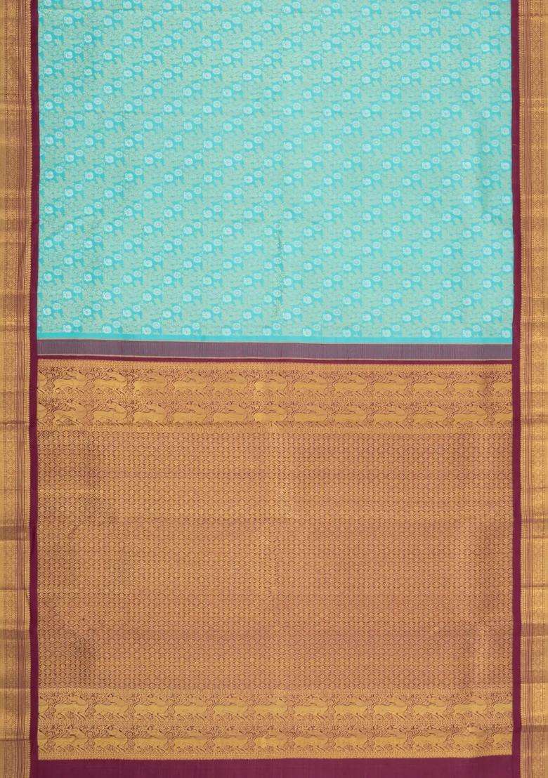 Turquoise Handloom Korvai Kanchipuram Bridal Silk Saree With Zari Motifs With Korvai And Temple Border Design For Women - Indya