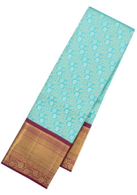 Turquoise Handloom Korvai Kanchipuram Bridal Silk Saree With Zari Motifs With Korvai And Temple Border Design For Women