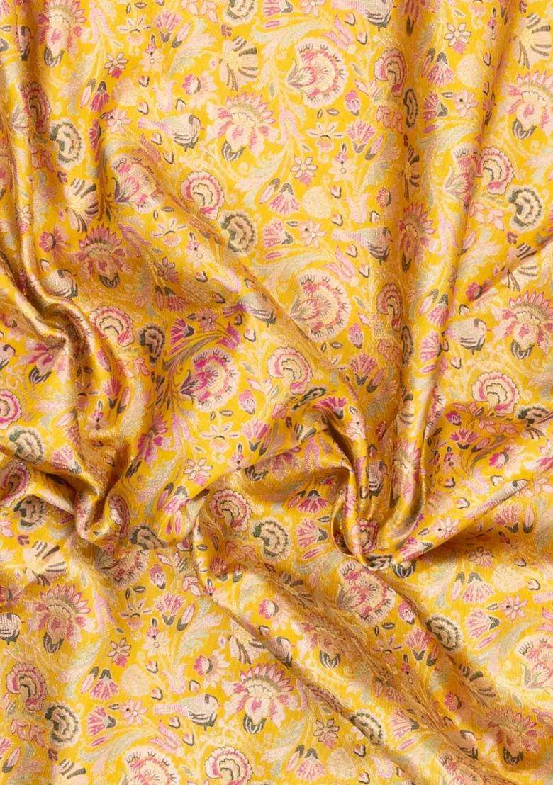 Gold Handloom Kanchipuram Bridal Silk Saree With Contrast Meena Border With Buttas And Brocade Design For Women - Indya