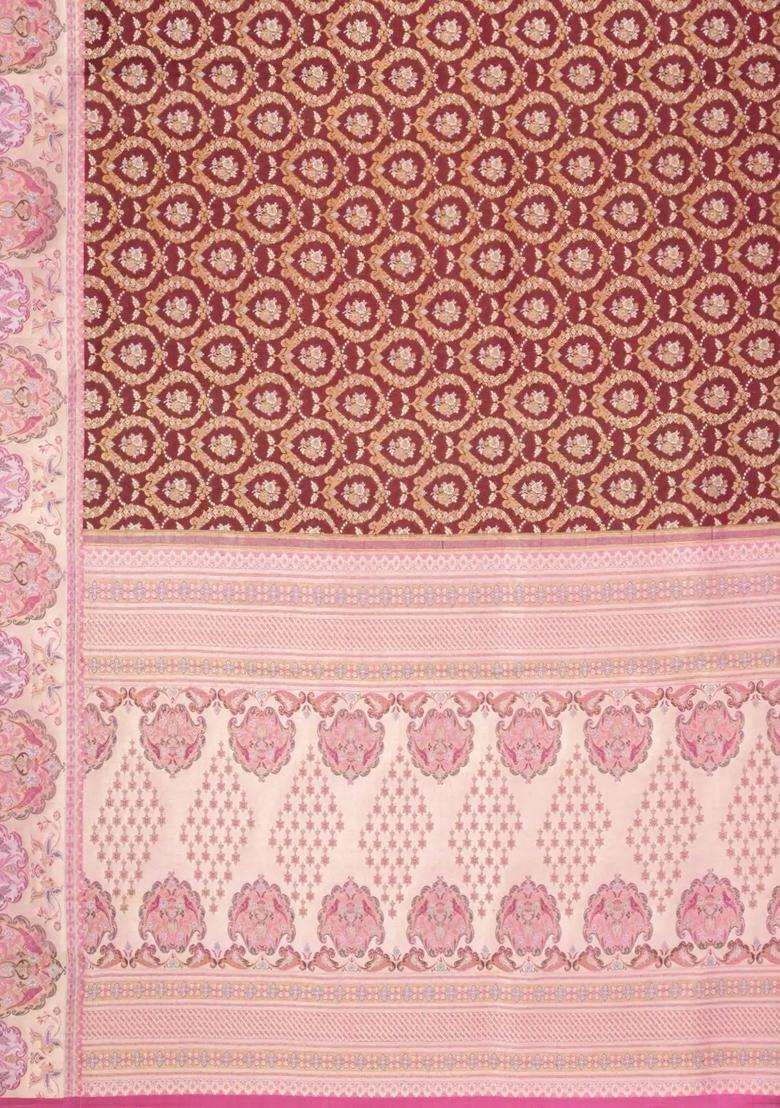 Maroon Handloom Kanchipuram Bridal Silk Saree With Contrast Meena Border With Buttas And Brocade Design For Women - Indya