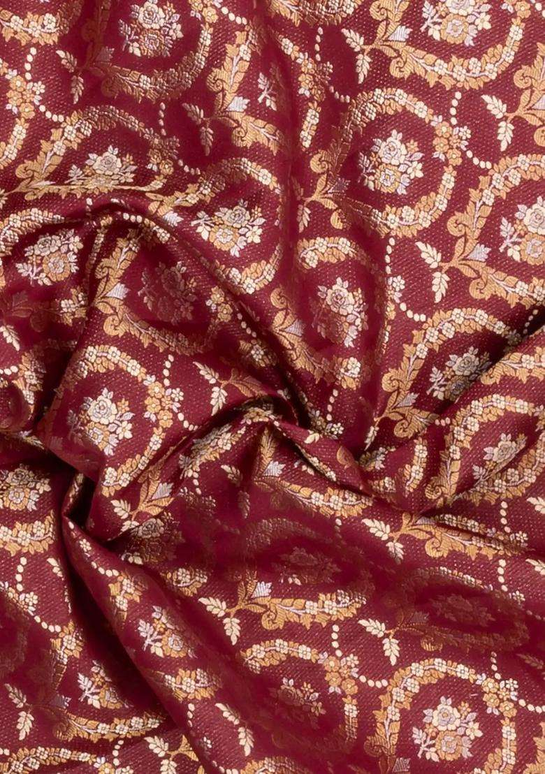 Maroon Handloom Kanchipuram Bridal Silk Saree With Contrast Meena Border With Buttas And Brocade Design For Women - Indya