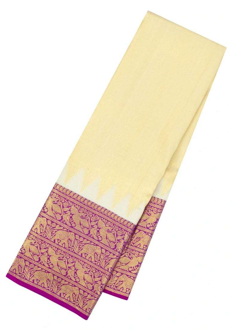 Gold Handloom Korvai Kanchipuram Tissue Silk Saree With Magenta Border With Korvai And Temple Border Design For Women - Indya