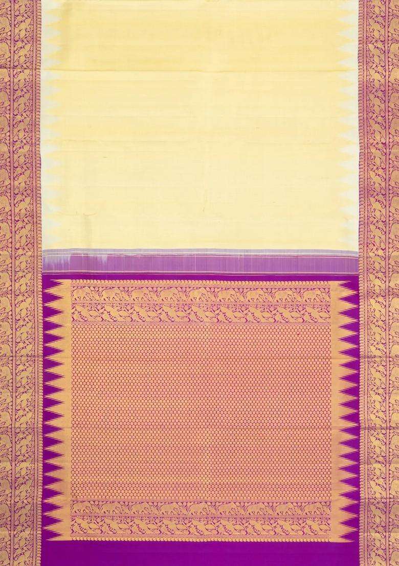 Gold Handloom Korvai Kanchipuram Tissue Silk Saree With Magenta Border With Korvai And Temple Border Design For Women - Indya