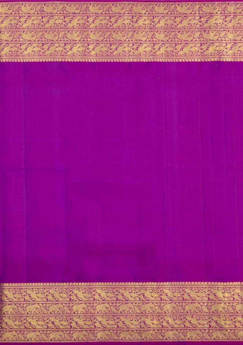Gold Handloom Korvai Kanchipuram Tissue Silk Saree With Magenta Border With Korvai And Temple Border Design For Women - Indya