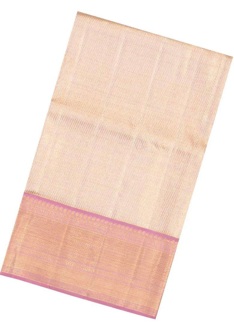 Dusty Pink Handloom Kanchipuram Tissue Silk Saree With Diagonal Stripes With Buttas And Brocade Design For Women - Indya