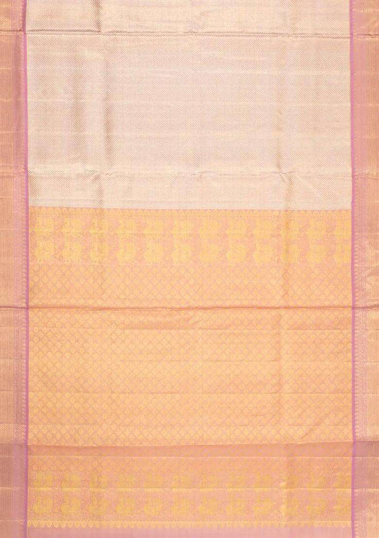 Dusty Pink Handloom Kanchipuram Tissue Silk Saree With Diagonal Stripes With Buttas And Brocade Design For Women - Indya