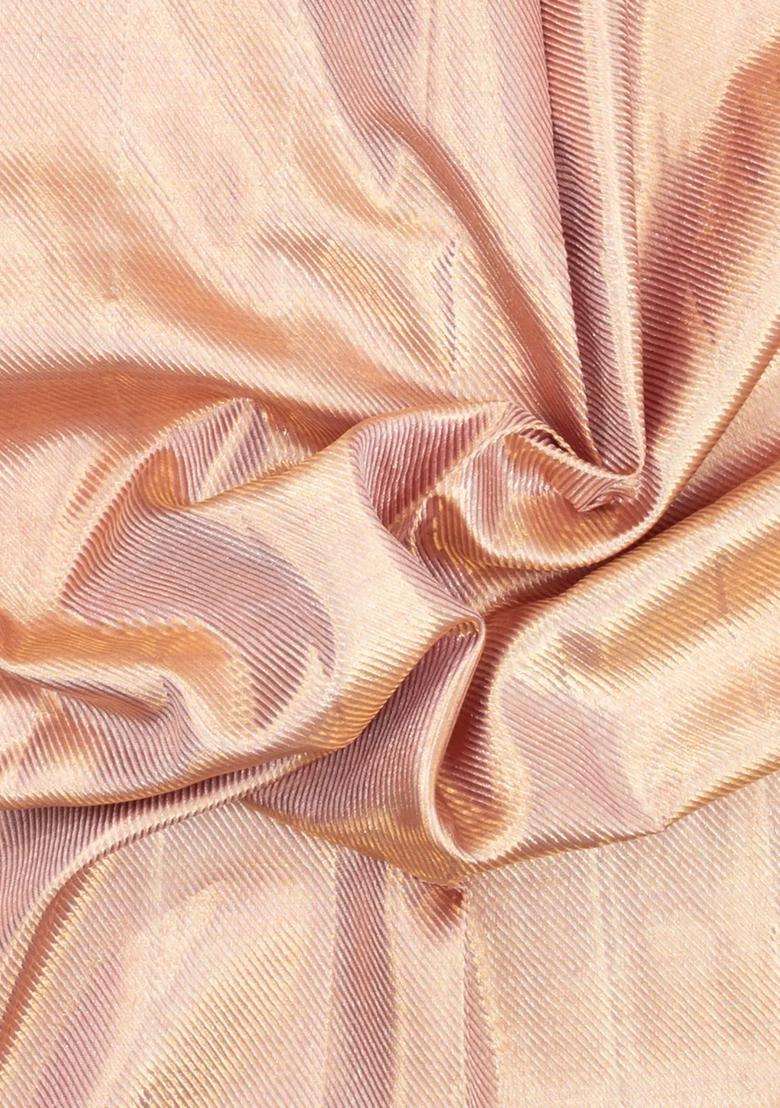 Dusty Pink Handloom Kanchipuram Tissue Silk Saree With Diagonal Stripes With Buttas And Brocade Design For Women - Indya