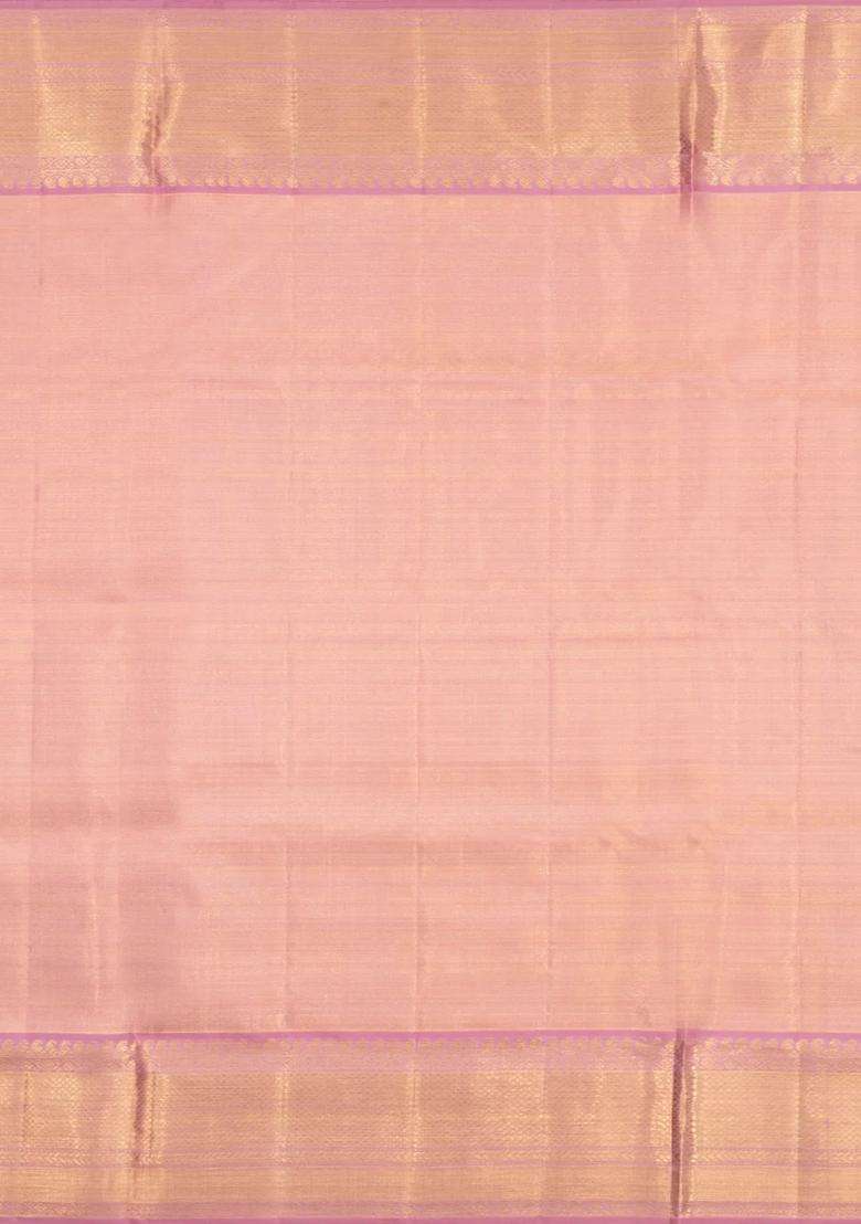 Dusty Pink Handloom Kanchipuram Tissue Silk Saree With Diagonal Stripes With Buttas And Brocade Design For Women - Indya