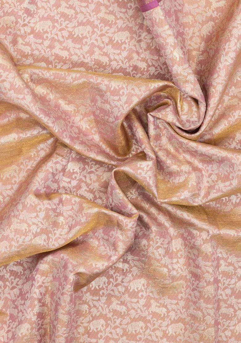 Dusty Pink Handloom Kanchipuram Tissue Silk Saree With Floral Motifs With Buttas And Brocade Design For Women - Indya