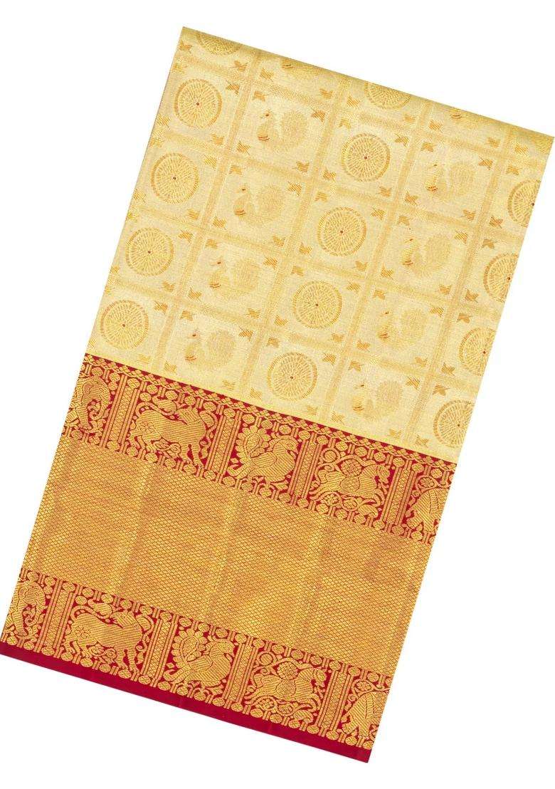Gold Handloom Kanchipuram Tissue Silk Saree With Annam Motifs With Buttas And Brocade Design For Women - Indya