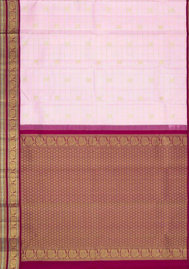 Baby Pink Handloom Korvai Kanchipuram Silk Saree With Zari Checks Buttas With Korvai And Temple Border Design For Women - Indya