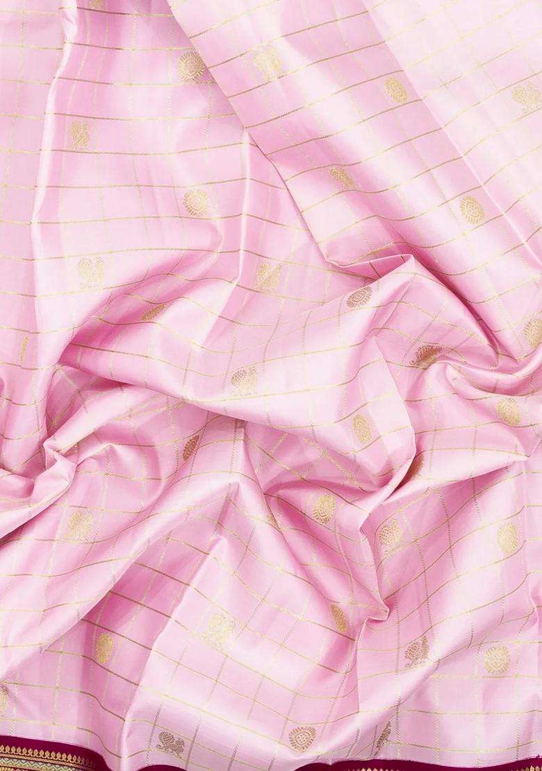Baby Pink Handloom Korvai Kanchipuram Silk Saree With Zari Checks Buttas With Korvai And Temple Border Design For Women - Indya