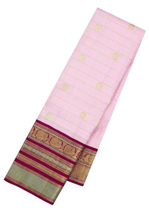 Baby Pink Handloom Korvai Kanchipuram Silk Saree With Zari Checks Buttas With Korvai And Temple Border Design For Women