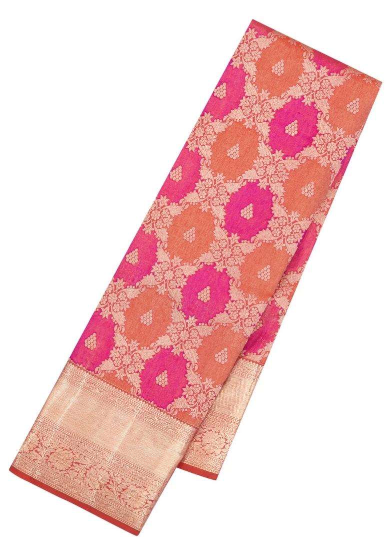 Peach Pink Handloom Kanchipuram Bridal Silk Saree With Floral Zari Motifs With Buttas And Brocade Design For Women - Indya