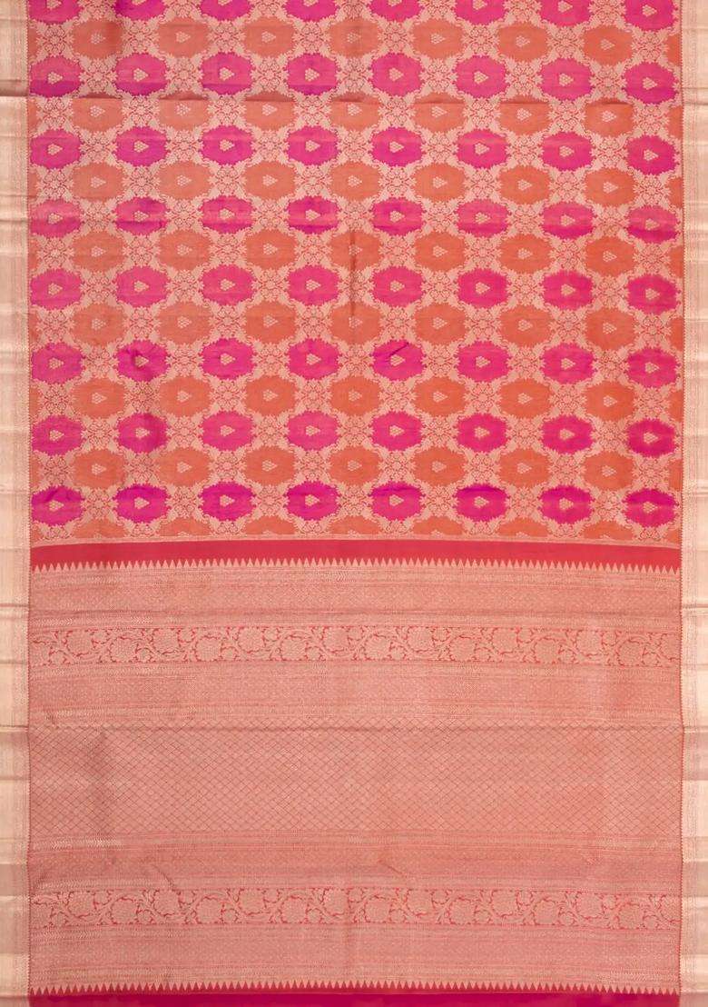 Peach Pink Handloom Kanchipuram Bridal Silk Saree With Floral Zari Motifs With Buttas And Brocade Design For Women - Indya