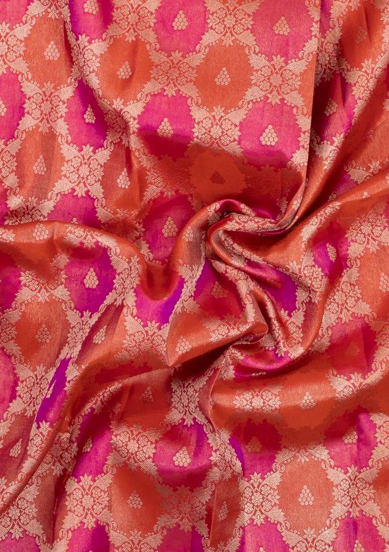 Peach Pink Handloom Kanchipuram Bridal Silk Saree With Floral Zari Motifs With Buttas And Brocade Design For Women - Indya