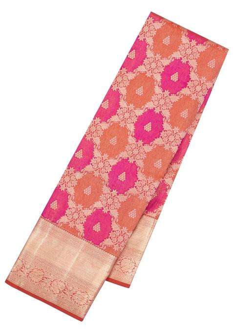 Peach Pink Handloom Kanchipuram Bridal Silk Saree With Floral Zari Motifs With Buttas And Brocade Design For Women