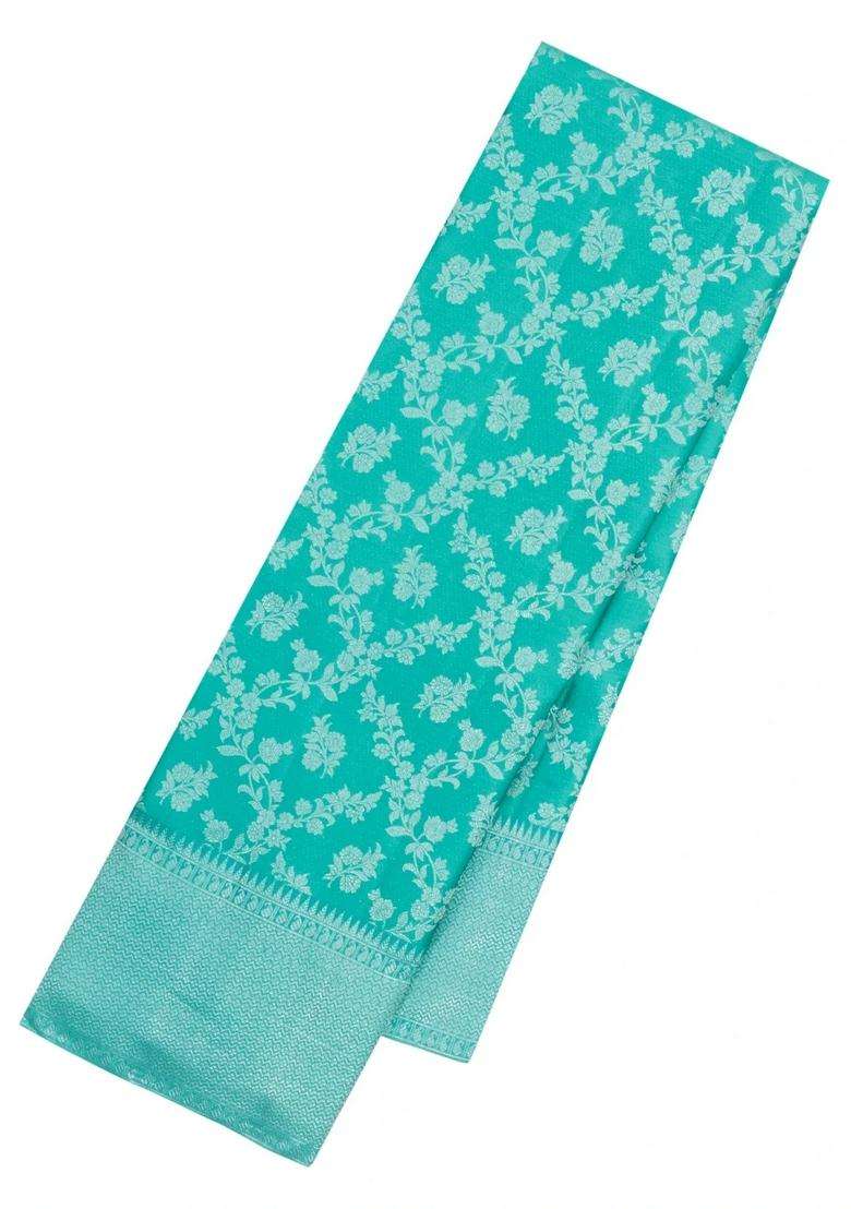 Cyan Handloom Kanchipuram Bridal Silk Saree With Floral Zari Motifs With Buttas And Brocade Design For Women - Indya