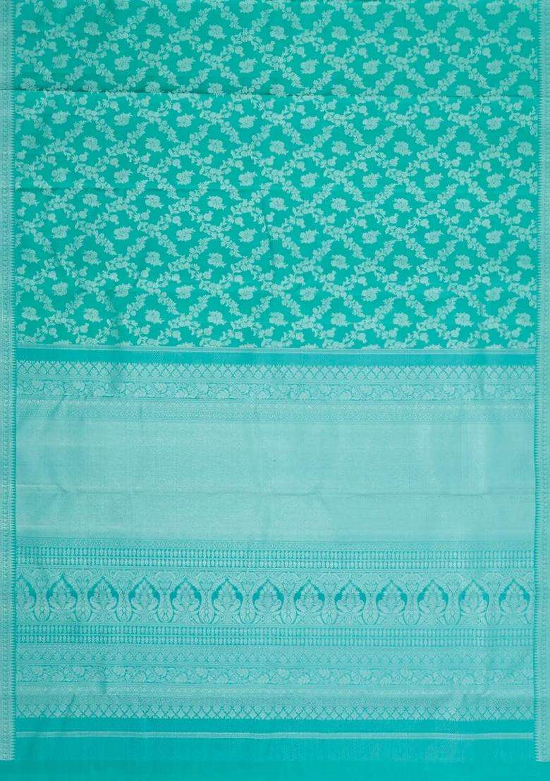Cyan Handloom Kanchipuram Bridal Silk Saree With Floral Zari Motifs With Buttas And Brocade Design For Women - Indya