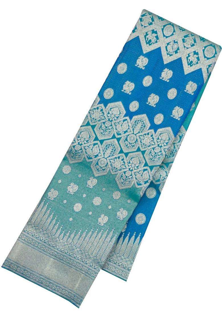 Cyan Blue Handloom Kanchipuram Bridal Silk Saree With Annam Zari Motifs With Buttas And Brocade Design For Women - Indya