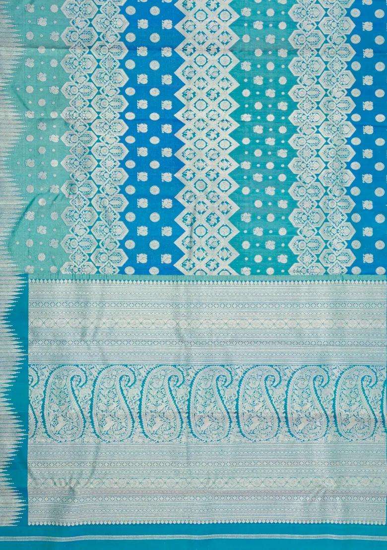 Cyan Blue Handloom Kanchipuram Bridal Silk Saree With Annam Zari Motifs With Buttas And Brocade Design For Women - Indya