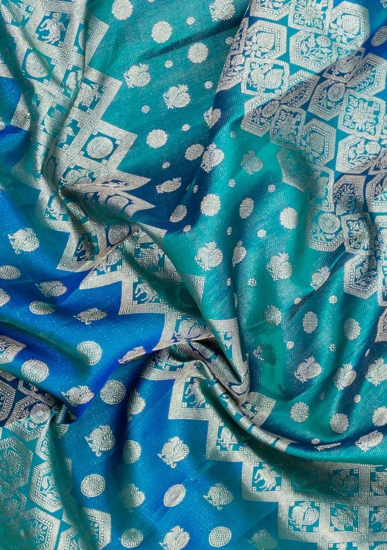 Cyan Blue Handloom Kanchipuram Bridal Silk Saree With Annam Zari Motifs With Buttas And Brocade Design For Women - Indya