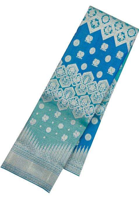 Cyan Blue Handloom Kanchipuram Bridal Silk Saree With Annam Zari Motifs With Buttas And Brocade Design For Women