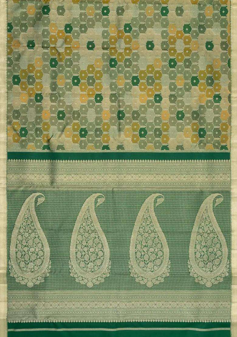 Dark Green Handloom Kanchipuram Bridal Silk Saree With Meena Motifs With Buttas And Brocade Design For Women - Indya