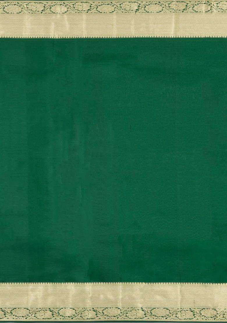Dark Green Handloom Kanchipuram Bridal Silk Saree With Meena Motifs With Buttas And Brocade Design For Women - Indya