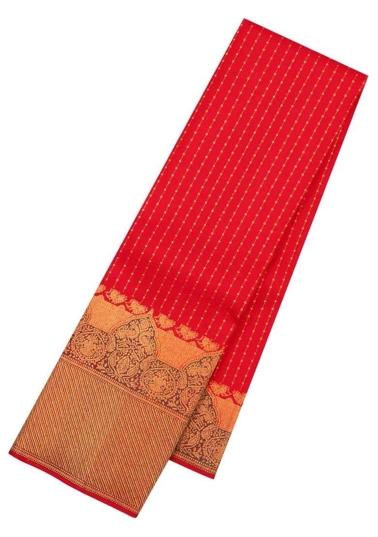 Red Handloom Kanchipuram Silk Saree With Floral Stripes With Checks And Stripes Design For Women - Indya