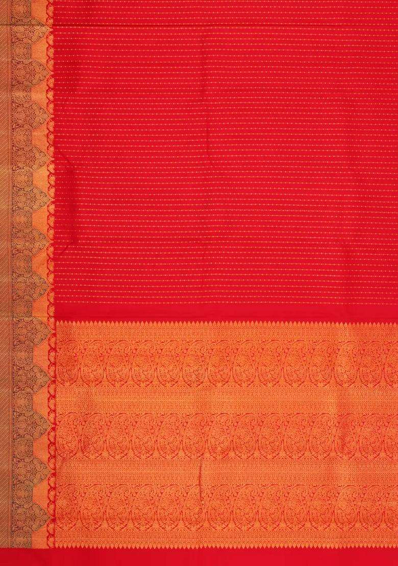 Red Handloom Kanchipuram Silk Saree With Floral Stripes With Checks And Stripes Design For Women - Indya