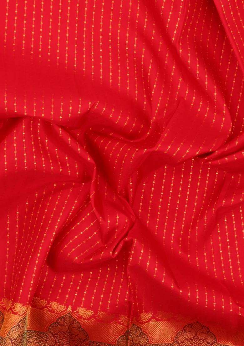 Red Handloom Kanchipuram Silk Saree With Floral Stripes With Checks And Stripes Design For Women - Indya