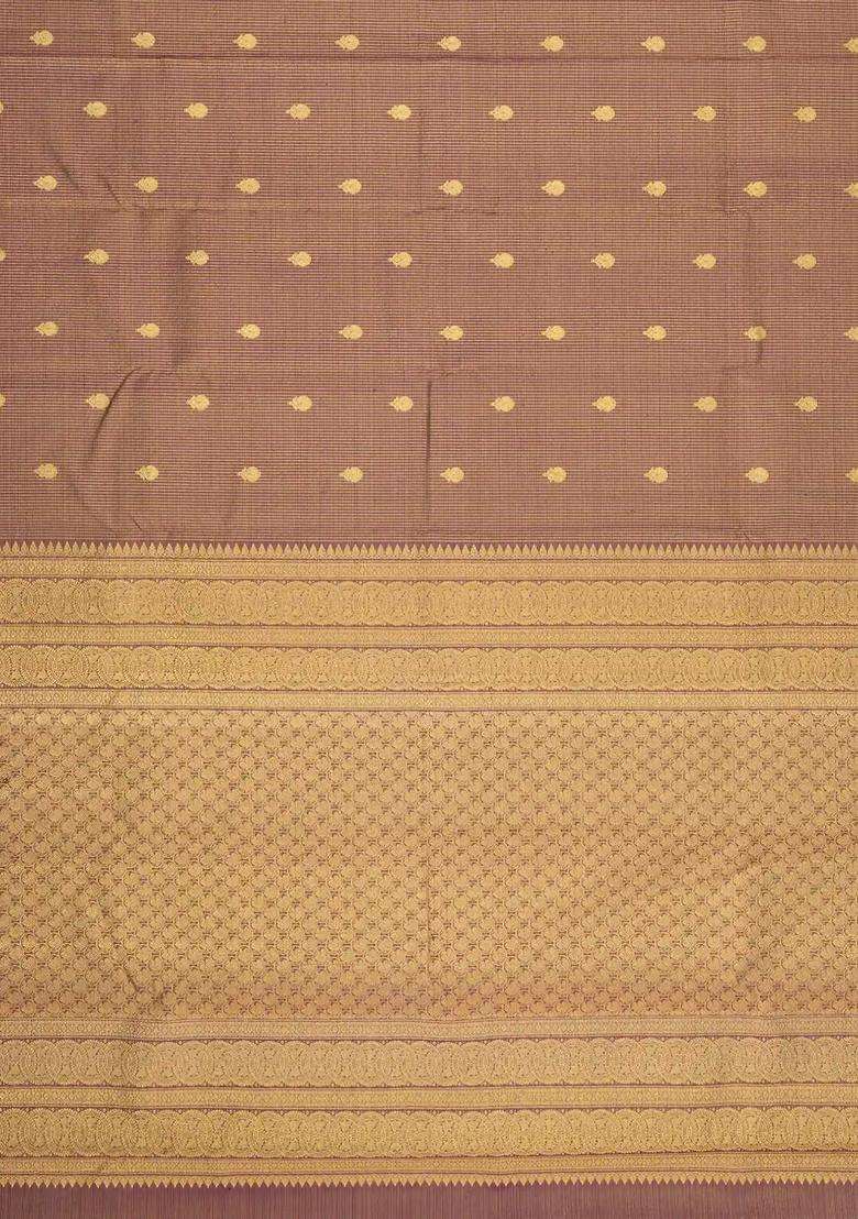 Dark Burgundy Handloom Kanchipuram Silk Saree With Zari Checks With Checks And Stripes Design For Women - Indya