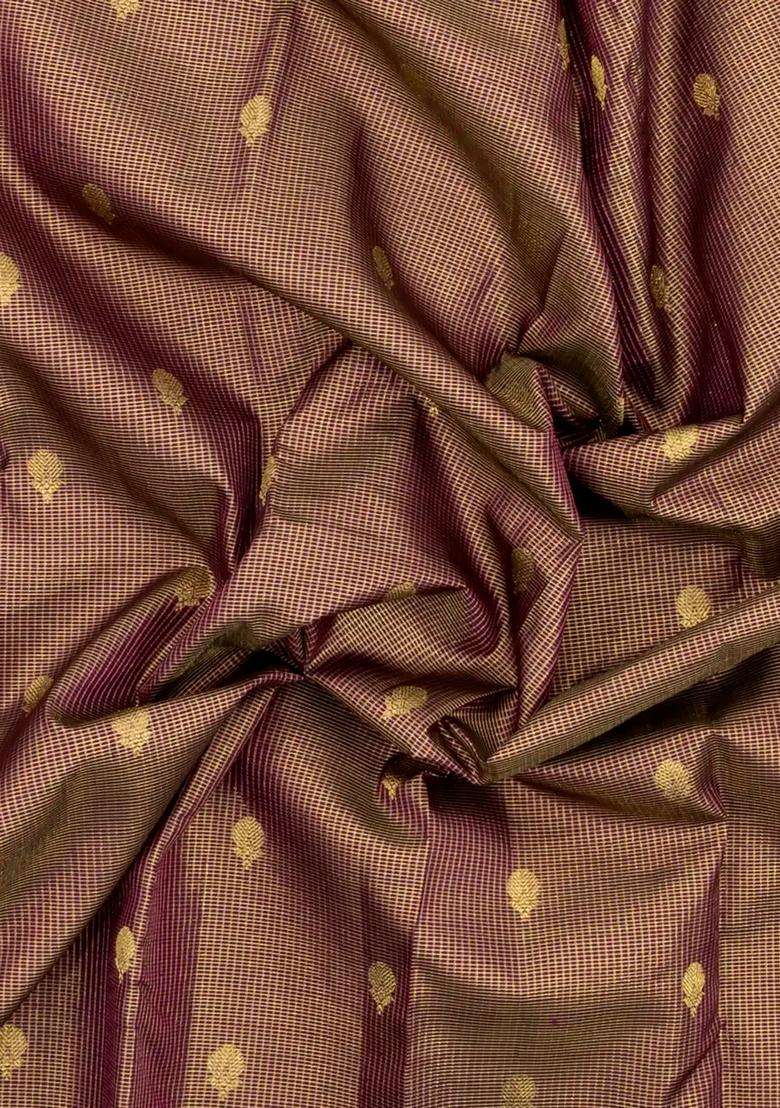 Dark Burgundy Handloom Kanchipuram Silk Saree With Zari Checks With Checks And Stripes Design For Women - Indya