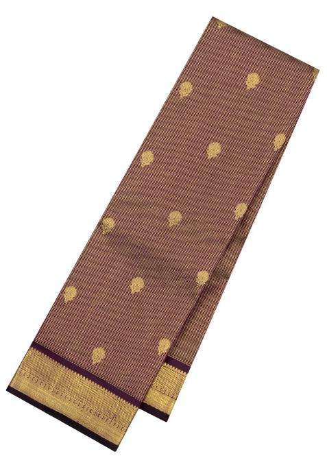 Dark Burgundy Handloom Kanchipuram Silk Saree With Zari Checks With Checks And Stripes Design For Women