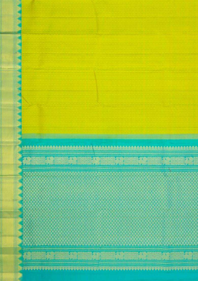 Neon Green Handloom Kanchipuram Silk Saree With Silk Checks With Checks And Stripes Design For Women - Indya