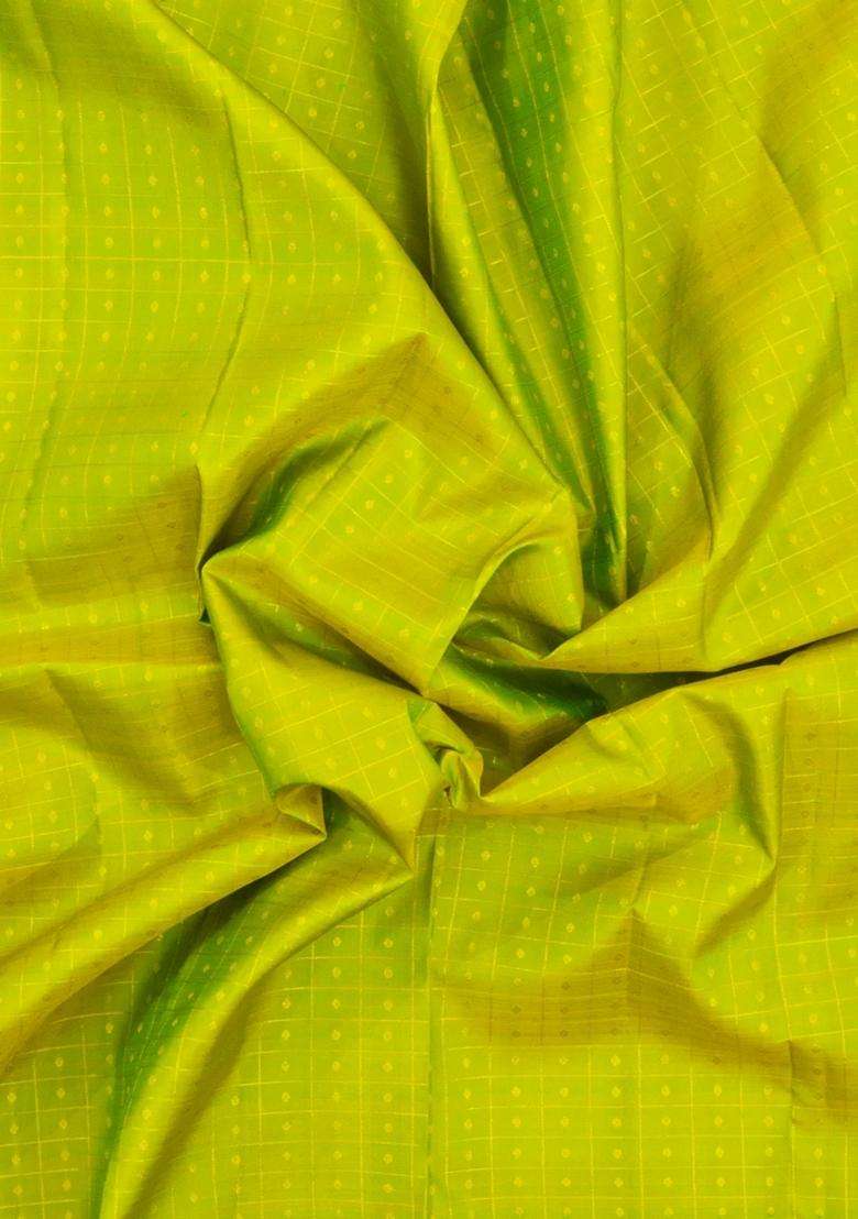 Neon Green Handloom Kanchipuram Silk Saree With Silk Checks With Checks And Stripes Design For Women - Indya