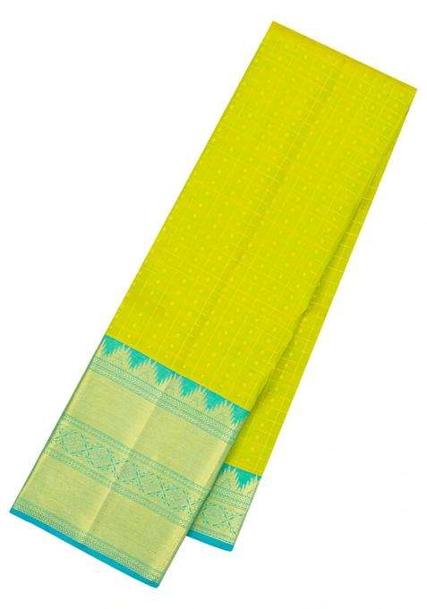 Neon Green Handloom Kanchipuram Silk Saree With Silk Checks With Checks And Stripes Design For Women