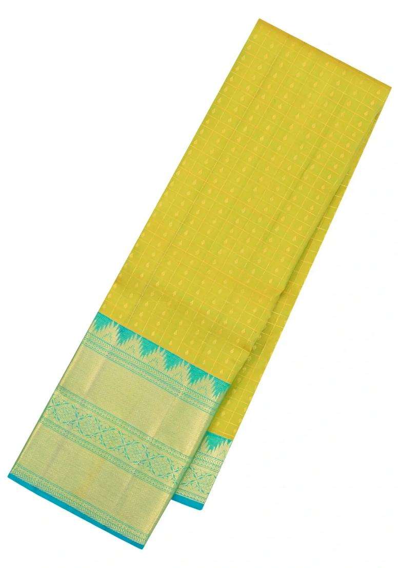 Neon Green Handloom Kanchipuram Silk Saree With Zari Checks Buttas With Buttas And Brocade Design For Women - Indya