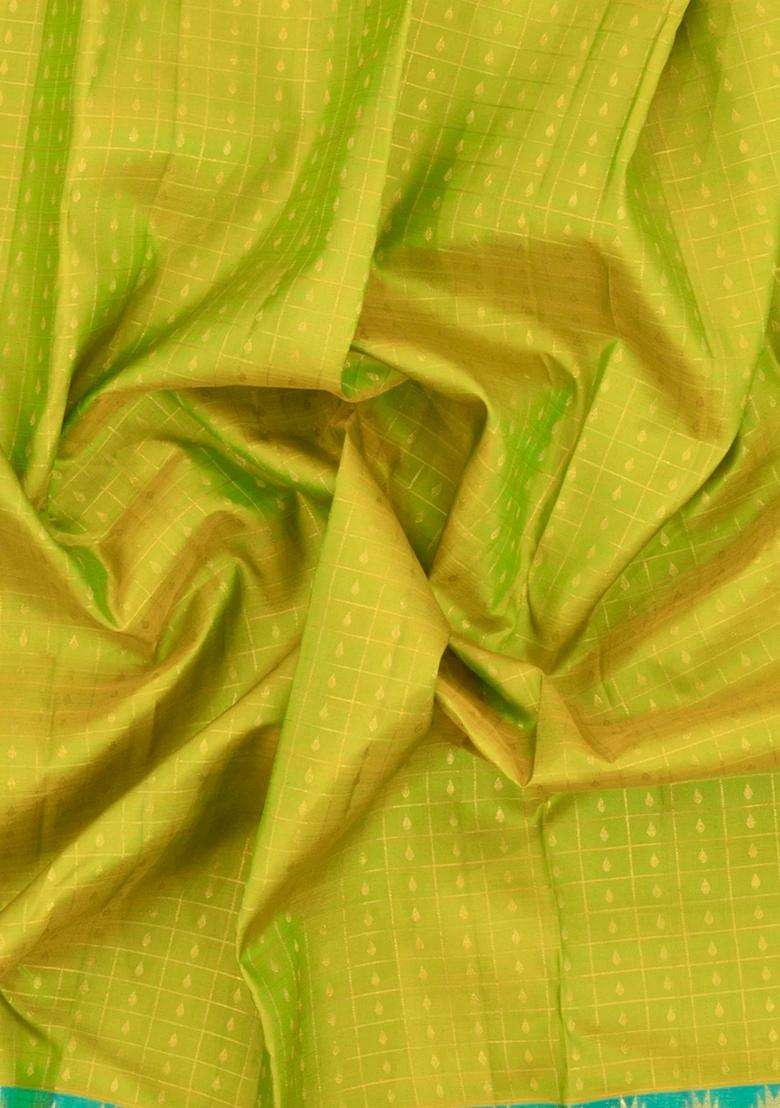 Neon Green Handloom Kanchipuram Silk Saree With Zari Checks Buttas With Buttas And Brocade Design For Women - Indya