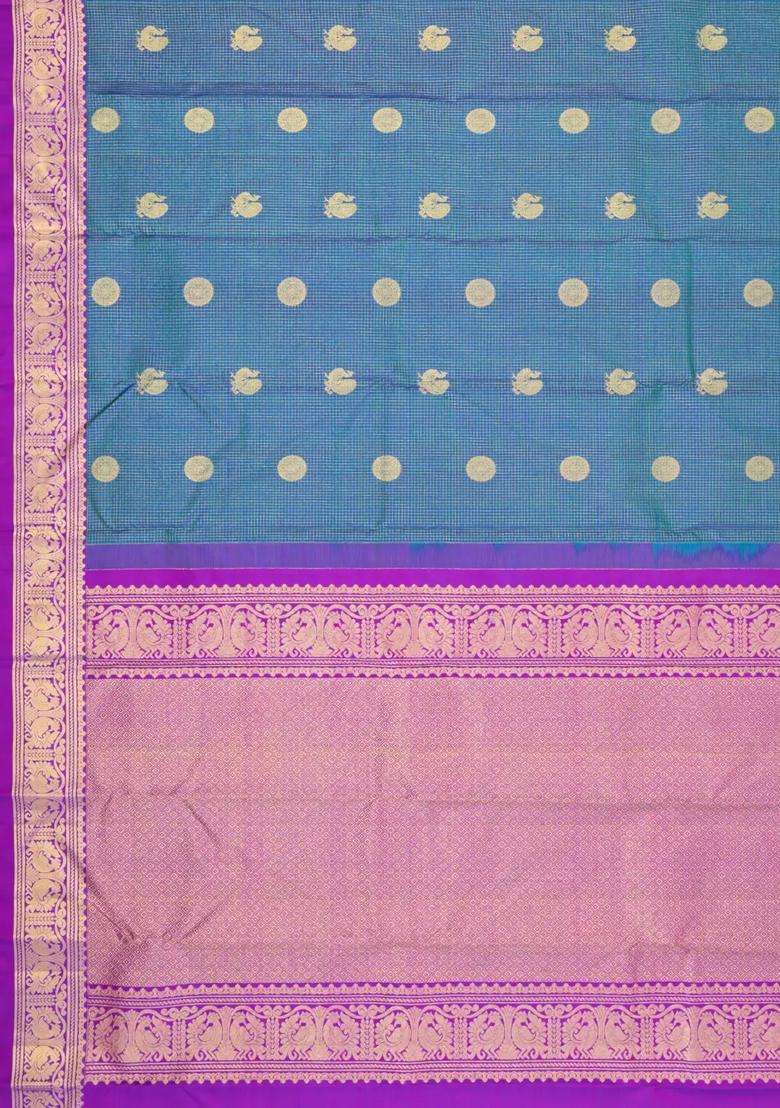 Blue Handloom Kanchipuram Silk Saree With Zari Checks Buttas With Buttas And Brocade Design For Women - Indya