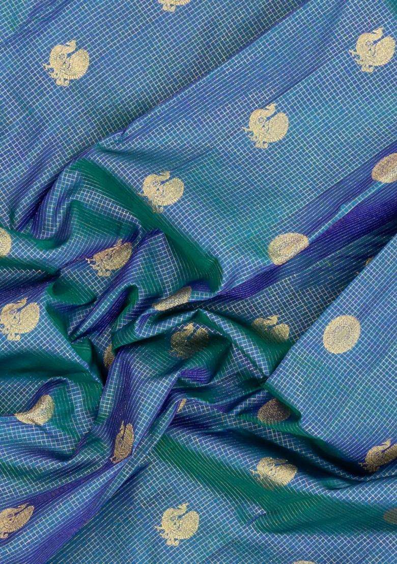 Blue Handloom Kanchipuram Silk Saree With Zari Checks Buttas With Buttas And Brocade Design For Women - Indya