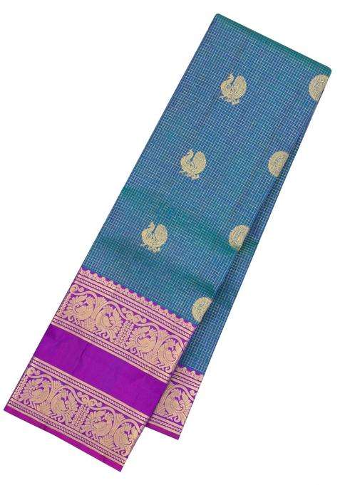 Blue Handloom Kanchipuram Silk Saree With Zari Checks Buttas With Buttas And Brocade Design For Women