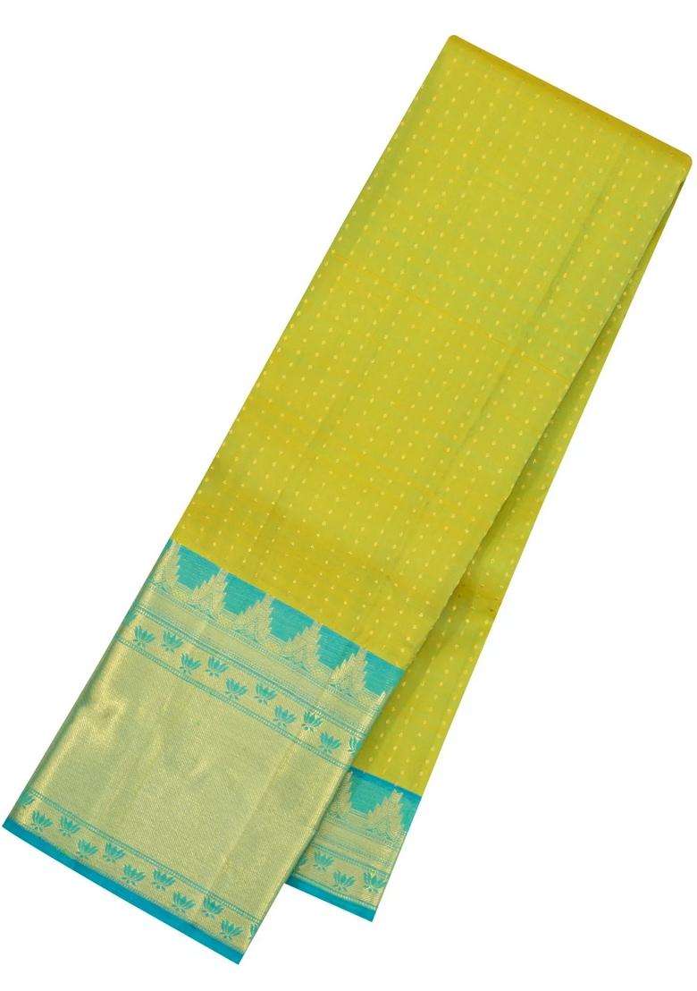 Neon Green Handloom Kanchipuram Silk Saree With Contrast Border With Buttas And Brocade Design For Women - Indya