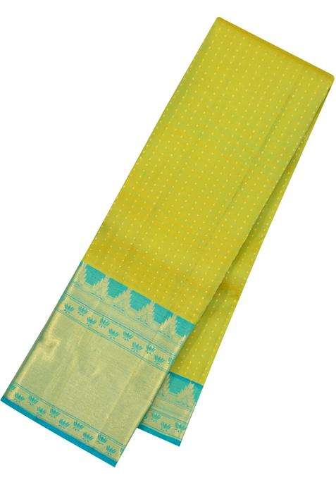 Neon Green Handloom Kanchipuram Silk Saree With Contrast Border With Buttas And Brocade Design For Women
