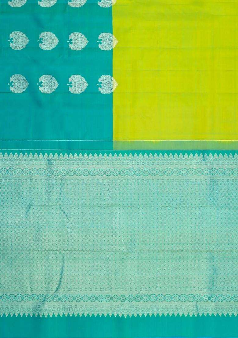 Neon Green Handloom Half Half Kanchipuram Silk Saree With Buttas With Buttas And Brocade Design For Women - Indya
