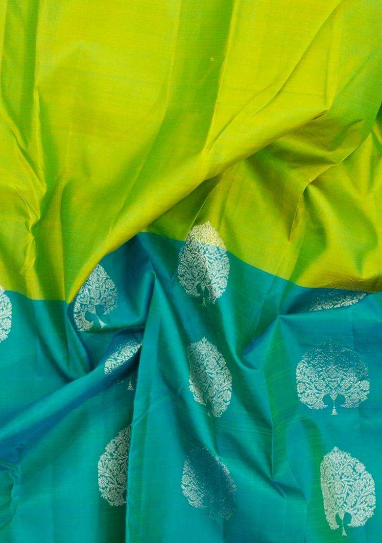 Neon Green Handloom Half Half Kanchipuram Silk Saree With Buttas With Buttas And Brocade Design For Women - Indya