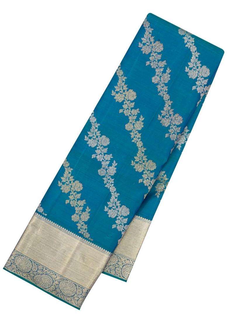 Blue Handloom Kanchipuram Bridal Silk Saree With Floral Motifs With Buttas And Brocade Design For Women - Indya